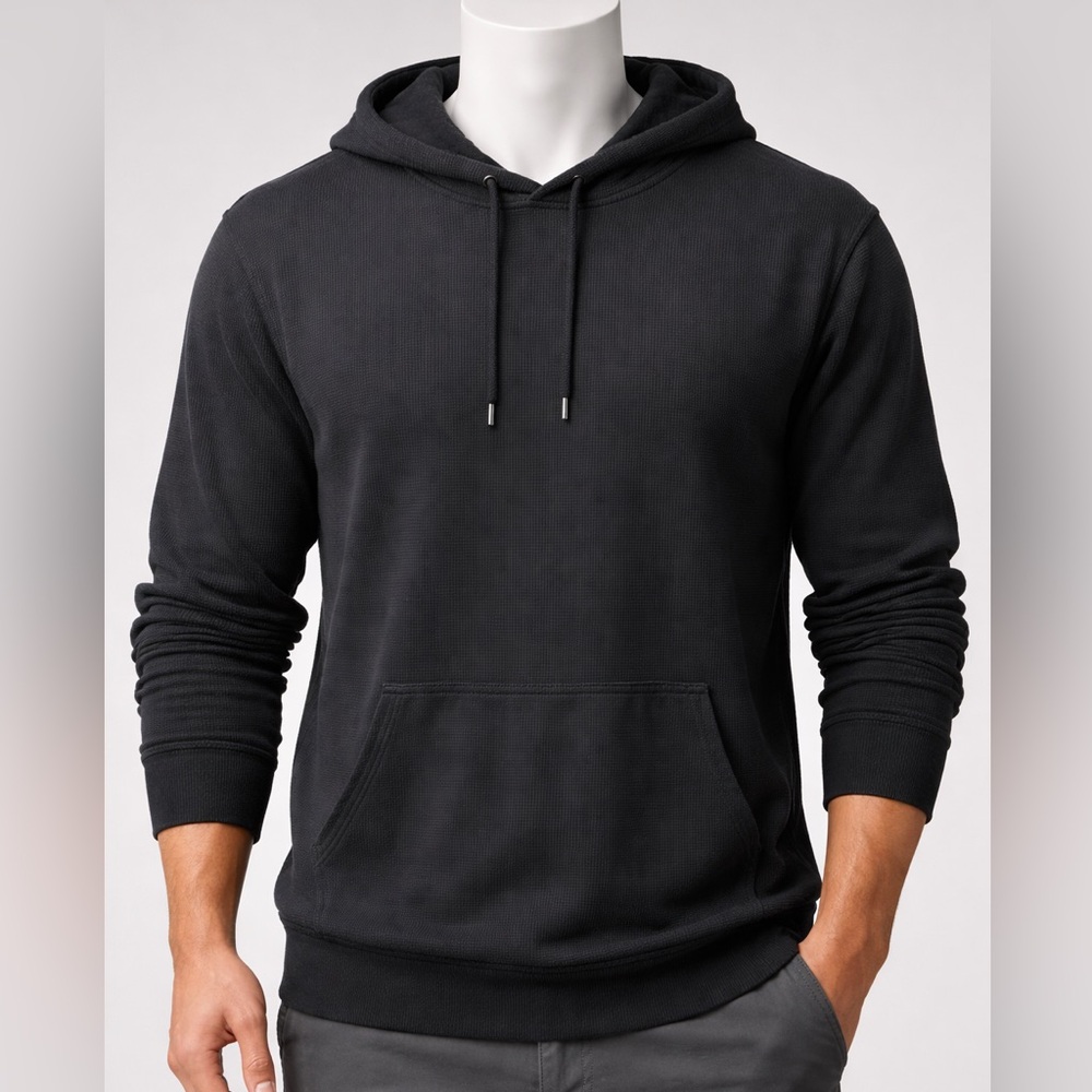 True Classic Black Waffle Knit Hoodie XL – Soft Stretch Pullover